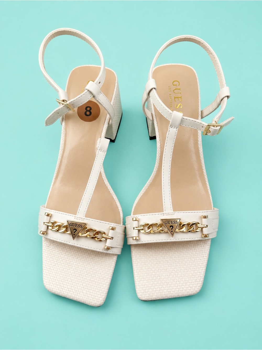 GUESS Women’s Cream T-Strap Block Heel Sandals